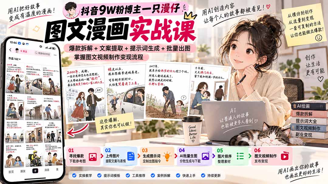 （20584期）抖音9W粉博主一只漫仔图文漫画课：爆款拆解+文案提取+提示词生成+批量出图，掌握图文视频制作变现流程-小二项目网