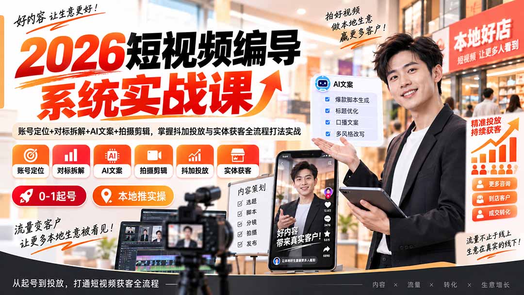 （20305期）2026短视频编导系统实战课：账号定位+对标拆解+AI文案+拍摄剪辑，掌握抖加投放与实体获客全流程打法实战-小二项目网