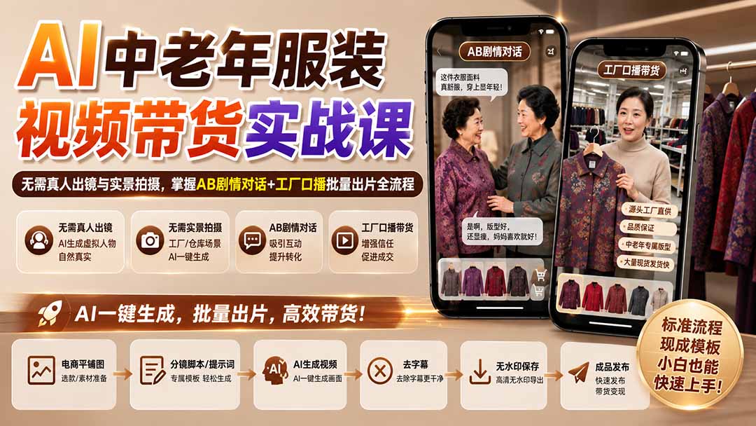 （20198期）AI中老年服装视频带货实战课：无需真人出镜与实景拍摄，掌握AB剧情对话+工厂口播批量出片全流程-小二项目网