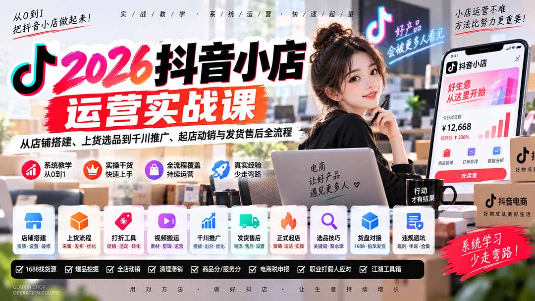 （20568期）2026抖音小店运营实战课｜从店铺搭建、上货选品到千川推广、起店动销与发货售后全流程-小二项目网
