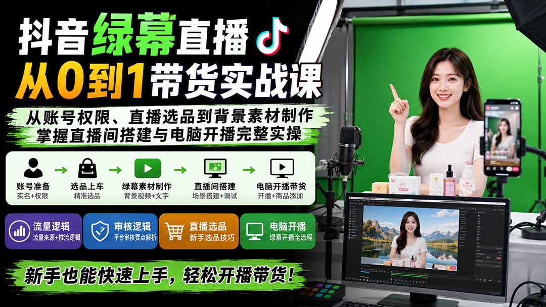（20224期）抖音绿幕直播从0到1带货实战课：从账号权限、直播选品到背景素材制作，掌握直播间搭建与电脑开播完整实操-小二项目网