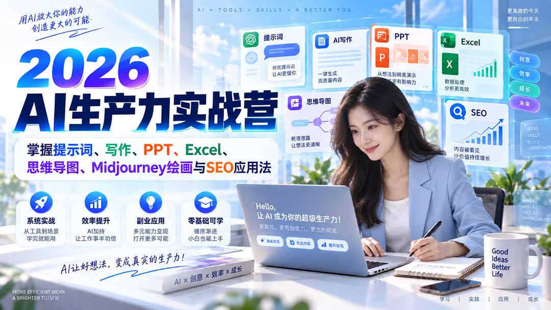 （20307期）2026AI生产力实战营：掌握提示词、写作、PPT、Excel、思维导图、Midjourney绘画与SEO应用法-小二项目网
