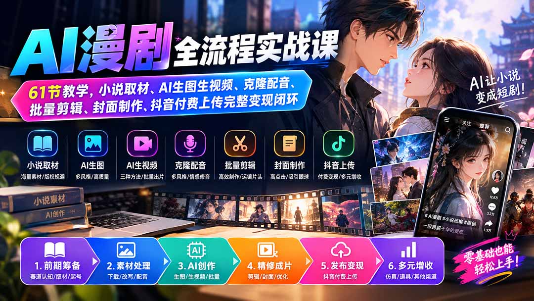（20199期）AI漫剧全流程实战课｜61节教学，小说取材、AI生图生视频、克隆配音、批量剪辑、封面制作、抖音付费上传完整变现闭环-小二项目网
