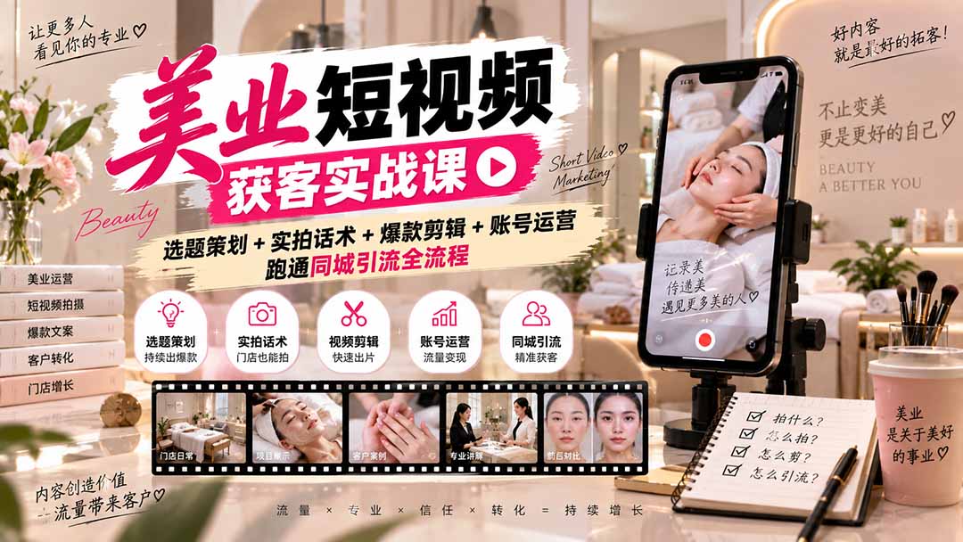 （20586期）美业短视频获客实战课-无水印：选题策划+实拍话术+爆款剪辑+账号运营，跑通同城引流全流程-小二项目网