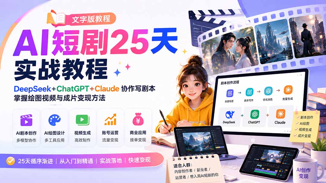 （20225期）AI短剧25天实战教程（文字版教程）：DeepSeek+ChatGPT+Claude协作写剧本，掌握绘图视频与成片变现方法-小二项目网