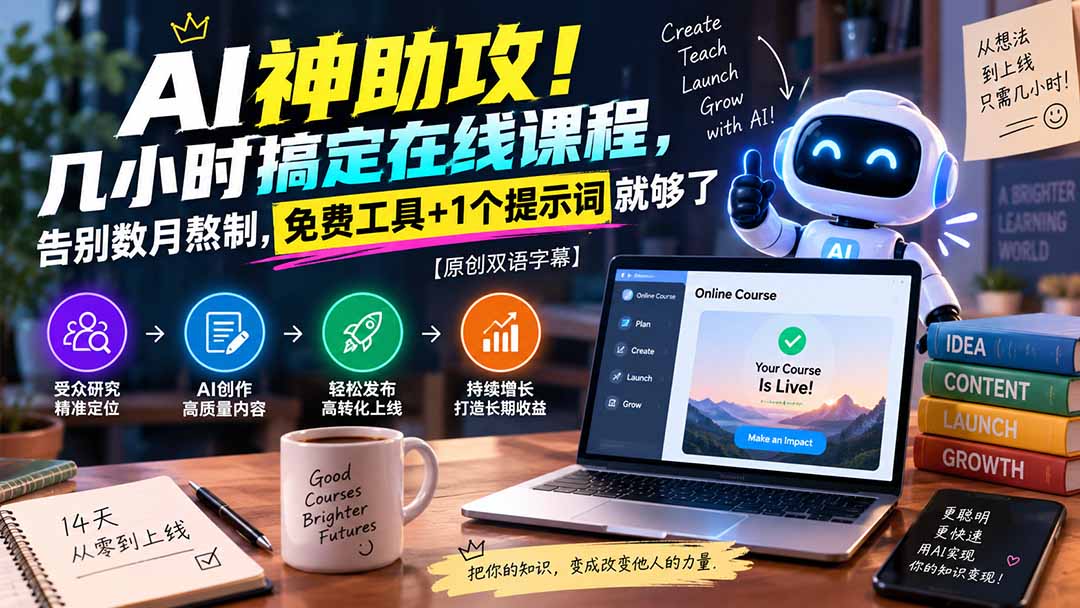 （20528期）AI神助攻！几小时搞定在线课程，告别数月熬制，免费工具+1个提示词就够了【原创双语字幕】-小二项目网