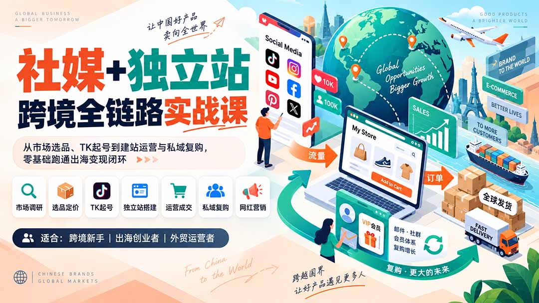 （20361期）社媒+独立站跨境全链路实战课：从市场选品、TK起号到建站运营与私域复购，零基础跑通出海变现闭环-小二项目网