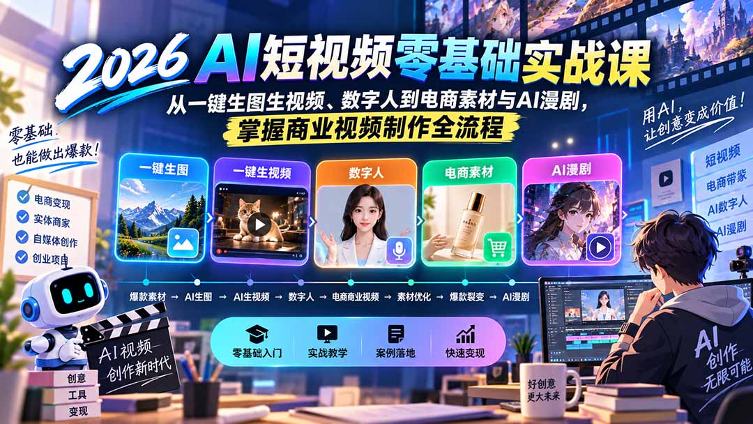（20263期）2026AI短视频零基础实战课：从一键生图生视频、数字人到电商素材与AI漫剧，掌握商业视频制作全流程-小二项目网