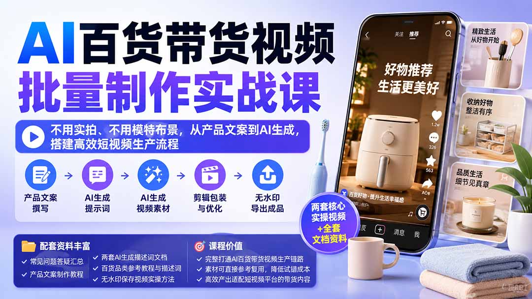 （20179期）AI百货带货视频批量制作实战课：不用实拍、不用模特布景，从产品文案到AI生成，搭建高效短视频生产流程-小二项目网
