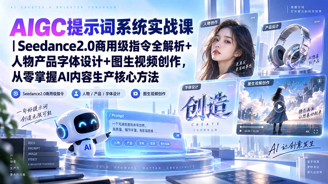 （20559期）AIGC提示词系统实战课-无水印｜Seedance2.0商用级指令全解析+人物产品字体设计+图生视频创作，掌握AI内容生产方法-小二项目网