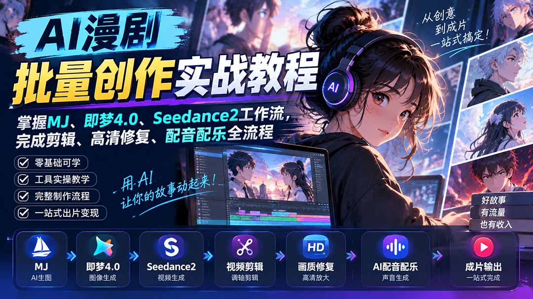 （20488期）AI漫剧批量创作实战教程：掌握MJ、即梦4.0、Seedance2工作流，完成剪辑、高清修复、配音配乐全流程-小二项目网
