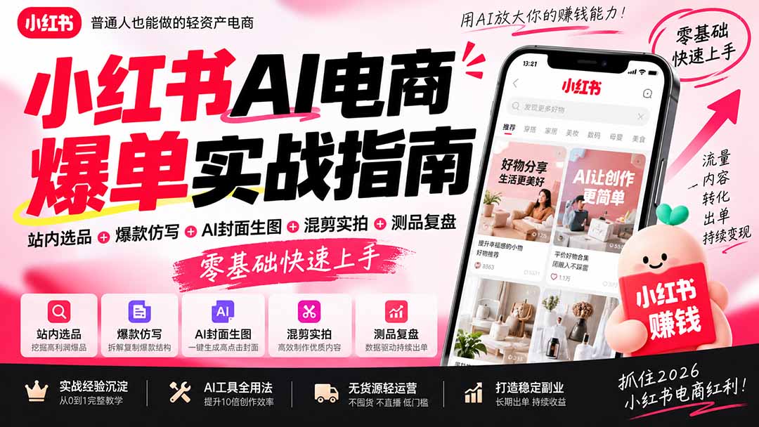 （20516期）2026小红书AI电商爆单实战指南：站内选品+爆款仿写+AI封面生图+混剪实拍+测品复盘，零基础快速上手-小二项目网
