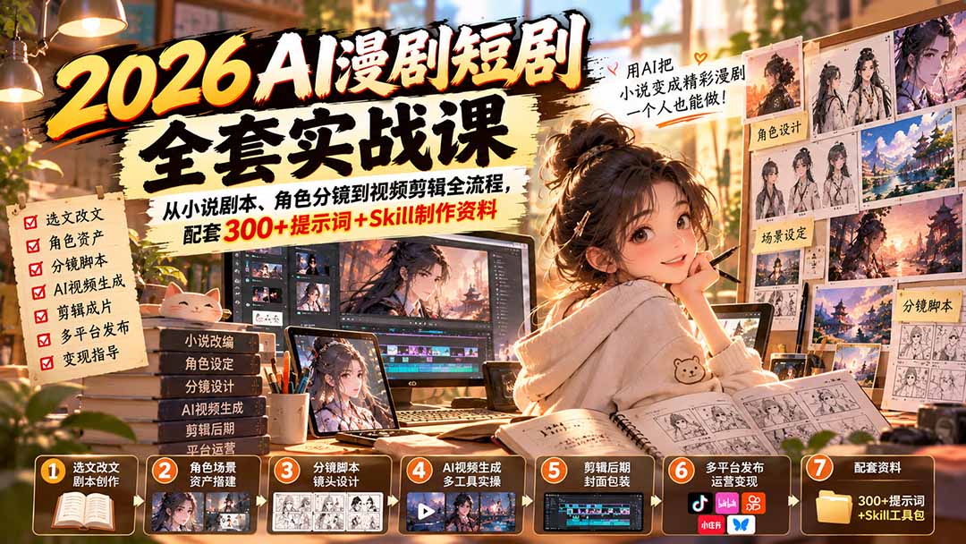 （20629期）2026AI漫剧短剧全套实战课：从小说剧本、角色分镜到视频剪辑全流程，配套300+提示词+Skill制作资料-小二项目网
