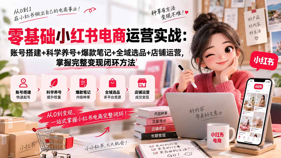 （20467期）零基础小红书电商运营实战：账号搭建+科学养号+爆款笔记+全域选品+店铺运营，掌握完整变现闭环方法-小二项目网