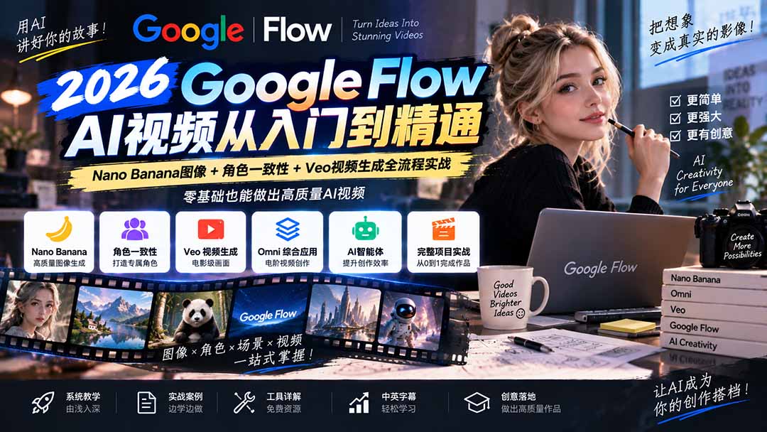 （20608期）【无水印】Google Flow AI视频从入门到精通：Nano Banana图像+角色一致性+Veo视频生成全流程实战-精翻中英字幕-小二项目网