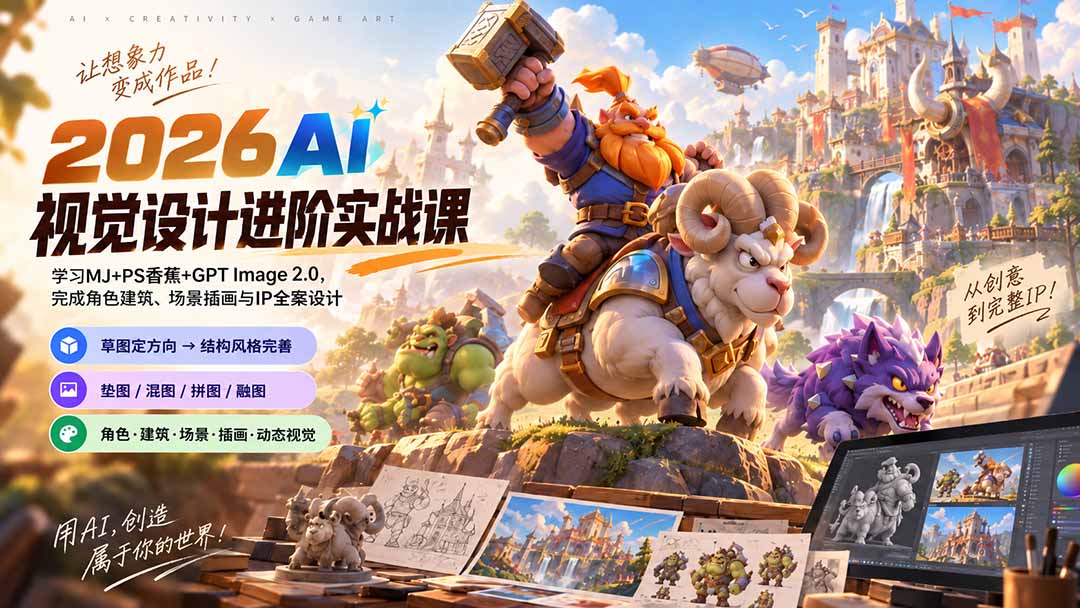 （20425期）2026AI视觉设计进阶实战课-更新：学习MJ+PS香蕉+GPT Image 2.0，完成角色建筑、场景插画与IP全案设计-小二项目网