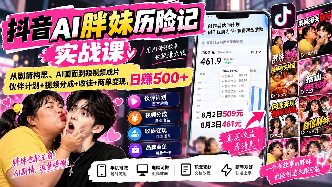 （20489期）抖音AI胖妹历险记实战课：从剧情构思、AI画面到短视频成片，伙伴计划+视频分成+收徒+商单变现，日赚500+-小二项目网