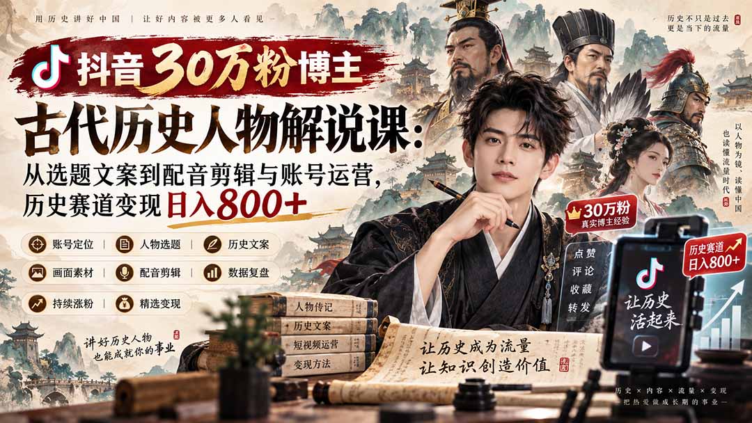 （20441期）抖音30万粉博主古代历史人物解说课：从选题文案到配音剪辑与账号运营，历史赛道变现日入800+-小二项目网