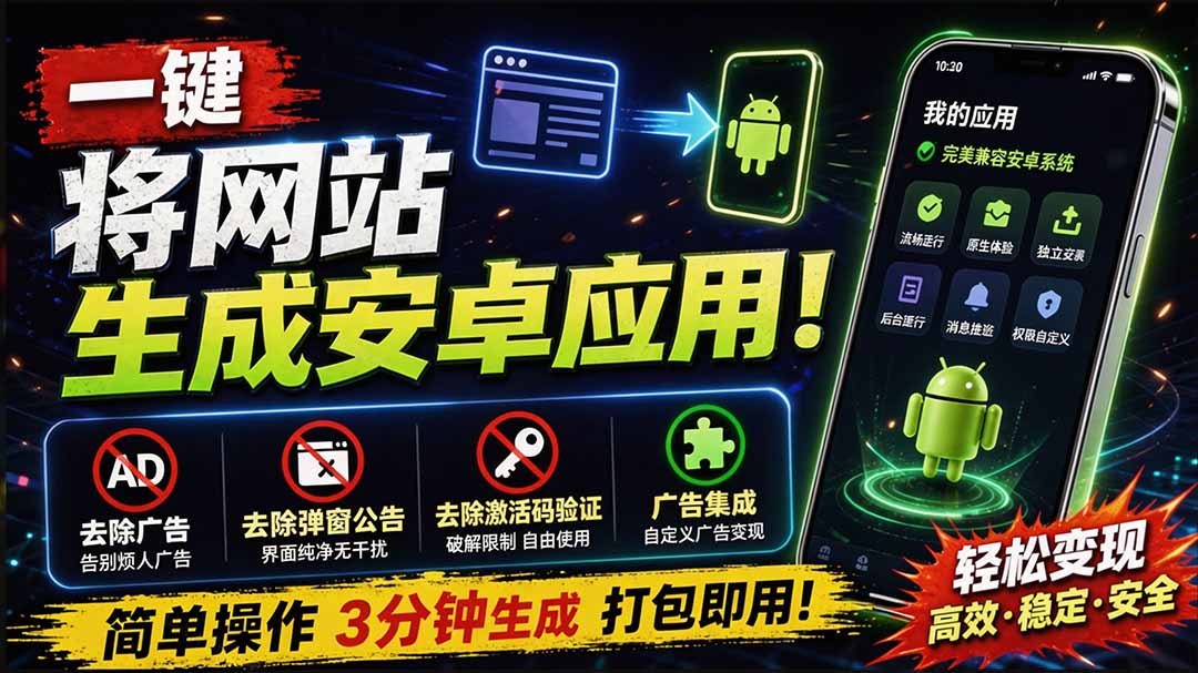 （20305期）目前最好用，一键将网站生成安卓应用！支持去除广告、弹窗公告、激活码验证、广告集成等 web-to-app-小二项目网