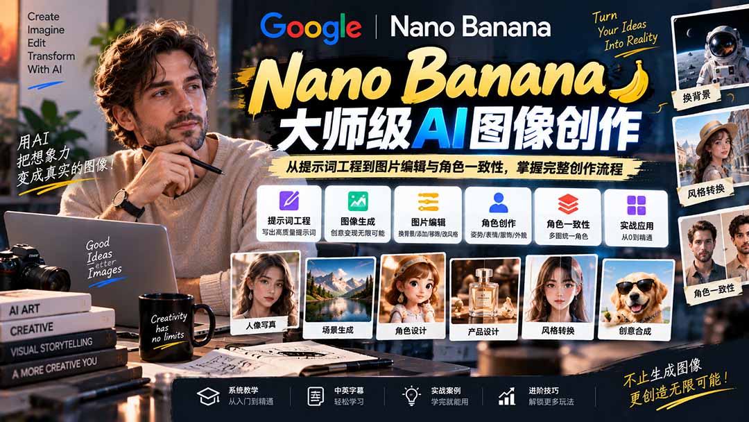 （20609期）【无水印】Nano Banana大师级AI图像实战课：从提示词工程到图片编辑与角色一致性，掌握完整创作流程-小二项目网