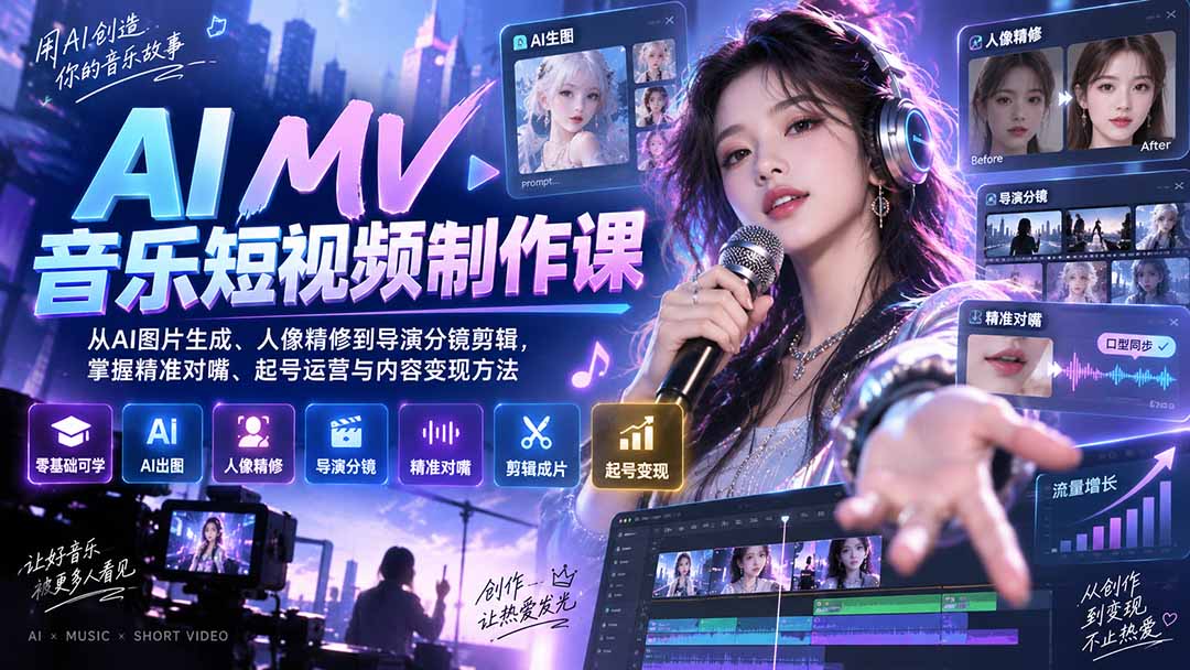 （20364期）AI MV音乐短视频制作课：从AI图片生成、人像精修到导演分镜剪辑，掌握精准对嘴、起号运营与内容变现方法-小二项目网