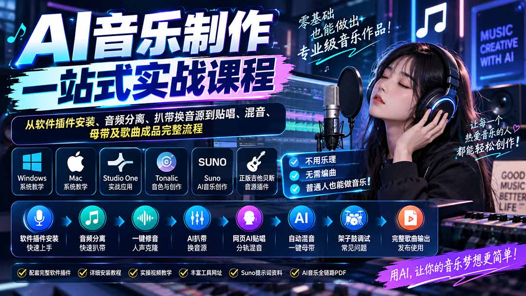 （20490期）AI音乐制作一站式实战课程：从软件插件安装、音频分离、扒带换音源到贴唱、混音、母带及歌曲成品完整流程-小二项目网