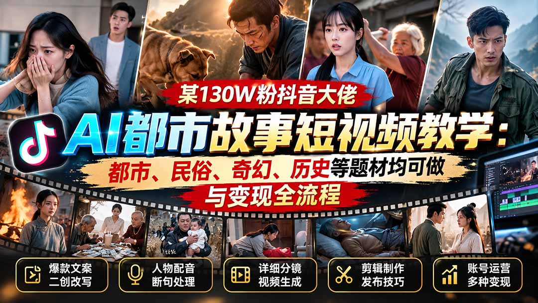 （20692期）某130W粉抖音大佬AI都市故事短视频教学：都市、民俗、奇幻、历史等题材均可做与变现全流程-小二项目网