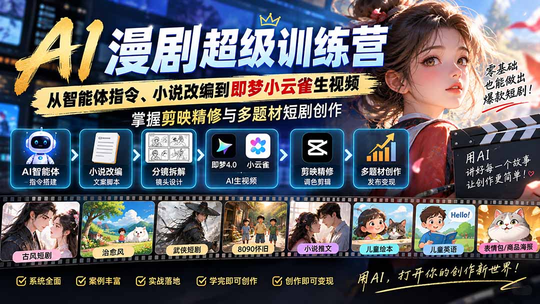 （20491期）AI漫剧超级特训营：从智能体指令、小说改编到即梦小云雀生视频，掌握剪映精修与多题材短剧创作-小二项目网