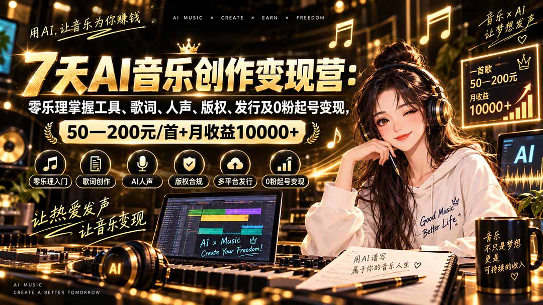 （20442期）AI音乐创作变现营：零乐理掌握工具、歌词、人声、版权、发行及0粉起号变现，50—200元/首+月收益10000+-小二项目网