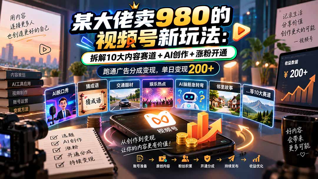 （20573期）某大佬卖980的视频号新玩法：拆解10大内容赛道+AI创作+涨粉开通，跑通广告分成变现，单日变现200+-小二项目网