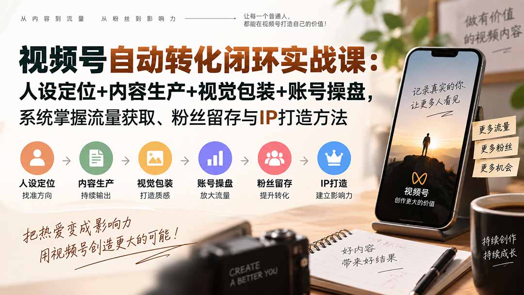 （20327期）视频号自动转化闭环实战课：人设定位+内容生产+视觉包装+账号操盘，系统掌握流量获取、粉丝留存与IP打造方法-小二项目网