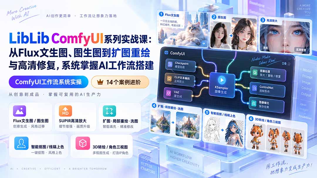 （20368期）LibLib ComfyUI系列实战课：从Flux文生图、图生图到扩图重绘与高清修复，系统掌握AI工作流搭建-小二项目网