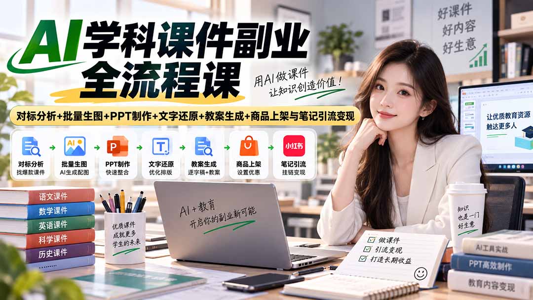 （20469期）AI学科课件副业全流程课｜对标分析+批量生图+PPT制作+文字还原+教案生成+商品上架与笔记引流变现-小二项目网