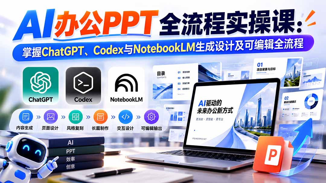 （20660期）【无水印】AI办公PPT全流程实操课： 掌握ChatGPT、Codex与NotebookLM生成设计及可编辑全流程-小二项目网