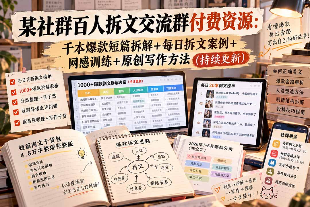 （20635期）某社群百人拆文交流群付费资源：千本爆款短篇拆解+每日拆文案例+网感训练+原创写作方法 (持续更新)-小二项目网