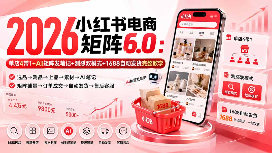 （20310期）2026小红书电商矩阵6.0：单店4带1+AI矩阵发笔记+测怼双模式+1688自动发货完整教学-小二项目网