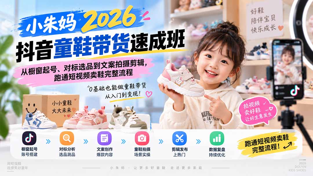 （20267期）小朱妈2026抖音童鞋带货速成班：从橱窗起号、对标选品到文案拍摄剪辑，跑通短视频卖鞋完整流程-小二项目网