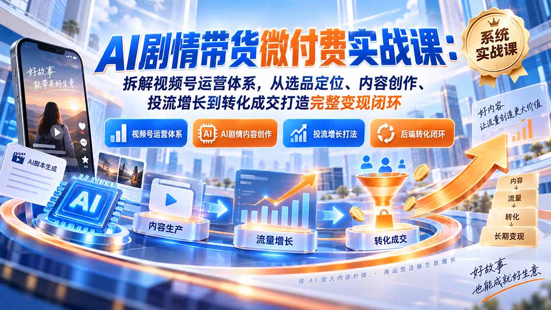 （20611期）AI剧情带货微付费实战课：拆解视频号运营体系，从选品定位、内容创作、投流增长到转化成交打造完整变现闭环-小二项目网