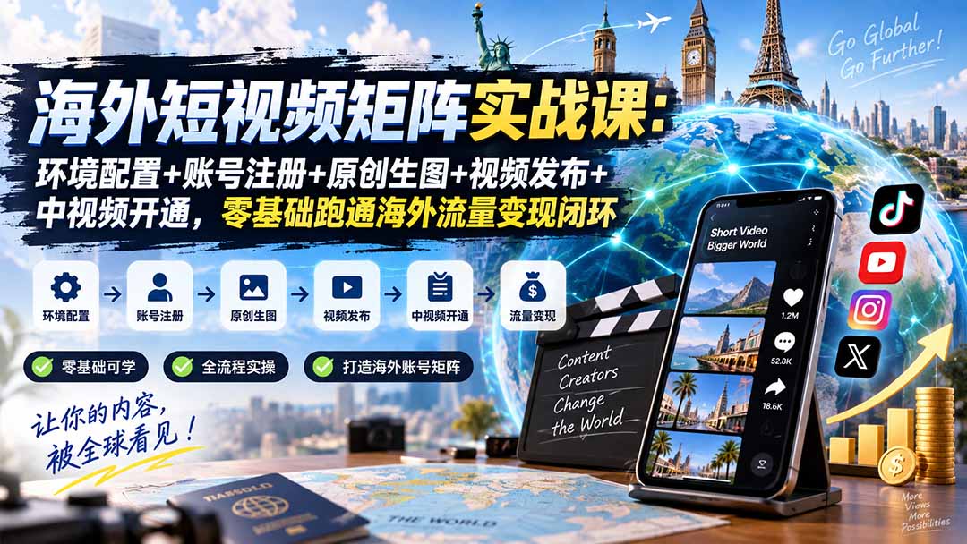 （20470期）海外短视频矩阵实战课：环境配置+账号注册+原创生图+视频发布+中视频开通，零基础跑通海外流量变现闭环-小二项目网