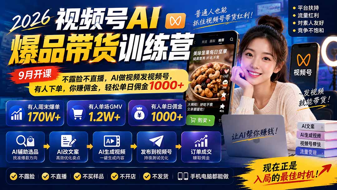 （20537期）2026视频号AI爆品带货训练营-9月开课｜不露脸不直播，AI做视频发视频号，有人下单，你赚佣金，轻松单日佣金1000+-小二项目网