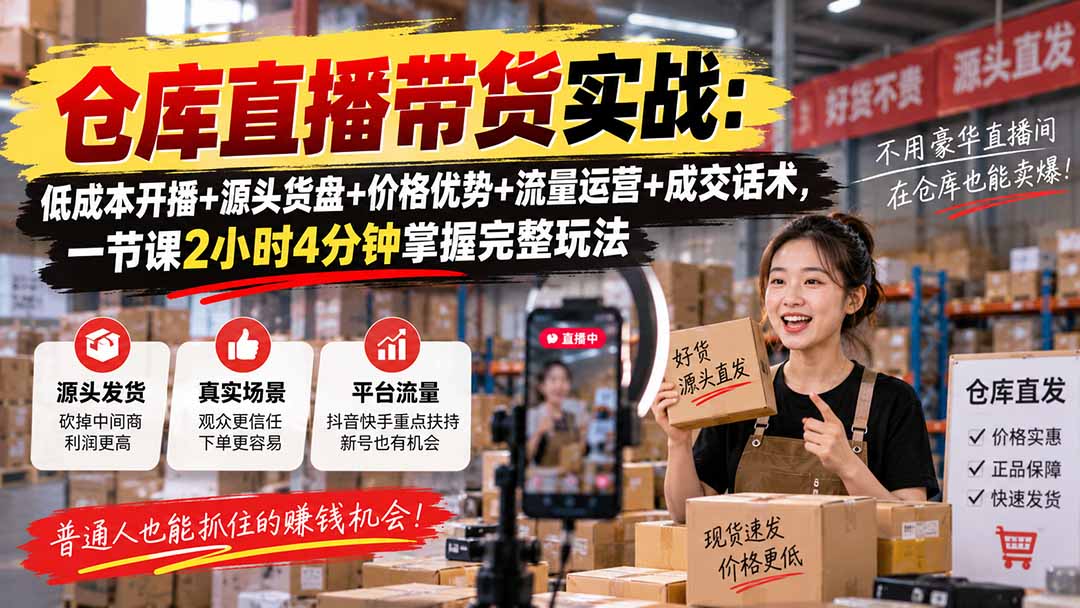 （20471期）仓库直播带货实战：低成本开播+源头货盘+价格优势+流量运营+成交话术，一节课2小时4分钟掌握完整玩法-小二项目网