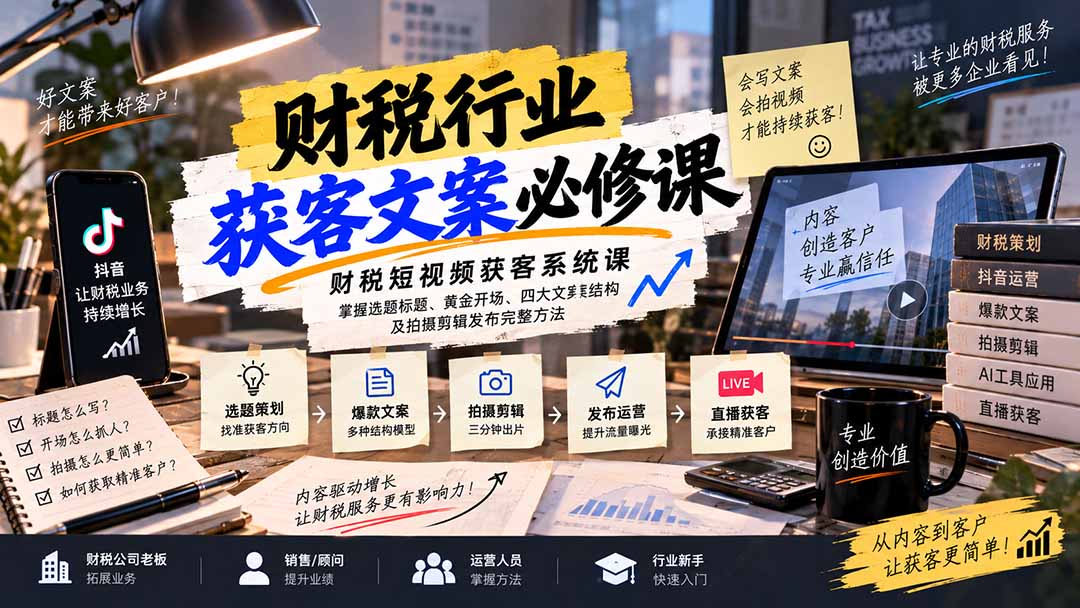 （20591期）财税短视频获客系统课：掌握选题标题、黄金开场、四大文案结构及拍摄剪辑发布完整方法-小二项目网