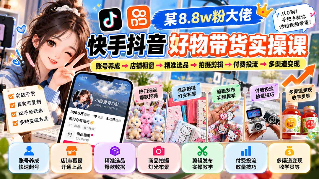 （20733期）某8.8w粉大佬快手抖音好物带货实操课：账号养成→店铺橱窗→精准选品→拍摄剪辑→付费投流→多渠道变现-小二项目网