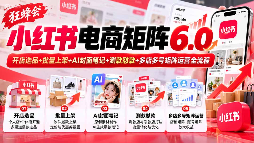 （20732期）【无水印】狂蜂会小红书电商矩阵6.0：开店选品+批量上架+AI封面笔记+测款怼款+多店多号矩阵运营全流程-小二项目网