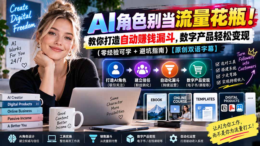 （20475期）AI角色别当流量花瓶！教你打造自动赚钱漏斗，数字产品轻松变现（零经验可学+避坑指南）【原创双语字幕】-小二项目网