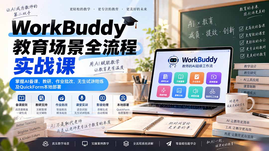 （20518期）WorkBuddy教育场景全流程实战课：掌握AI备课、教研、作业批改、无生试讲陪练及QuickForm本地部署-小二项目网