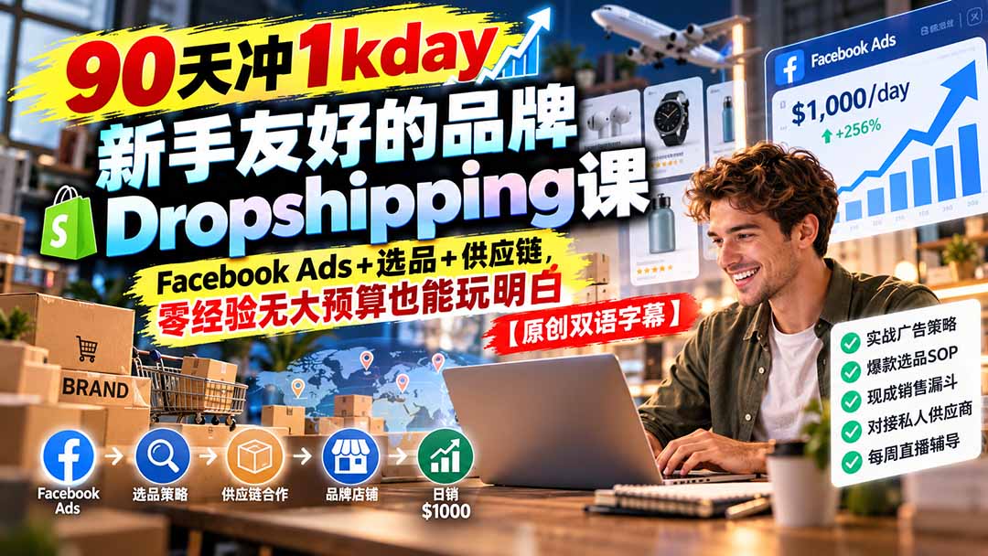 （20738期）90天冲1kday 新手友好的品牌Dropshipping课：Facebook Ads+选品+供应链，零经验无大预算也能玩明白【原创双语字幕】-小二项目网