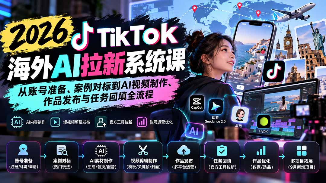 （20675期）【无水印】2026 TikTok海外AI拉新系统课：从账号准备、案例对标到AI视频制作、作品发布与任务回填全流程-小二项目网