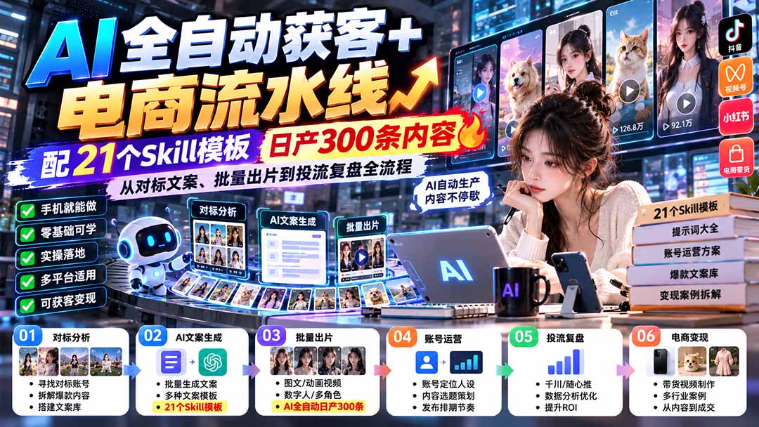 （20701期）【无水印】AI全自动获客+电商流水线-更新0928：配21个Skill模板，日产300条内容，从对标文案、批量出片到投流全流程-小二项目网