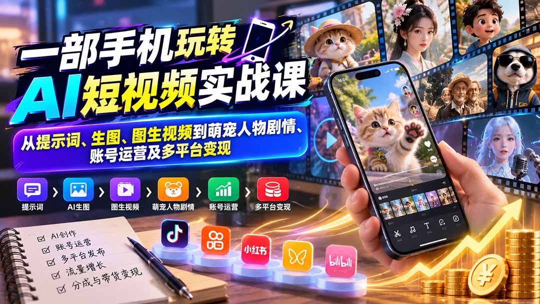 （20663期）一部手机玩转AI短视频实战课：从提示词、生图、图生视频到萌宠人物剧情、账号运营及多平台变现-小二项目网